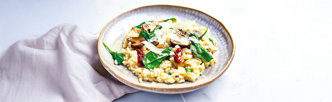 Mushroom, Dry Tomato and Baby Spinach Risotto