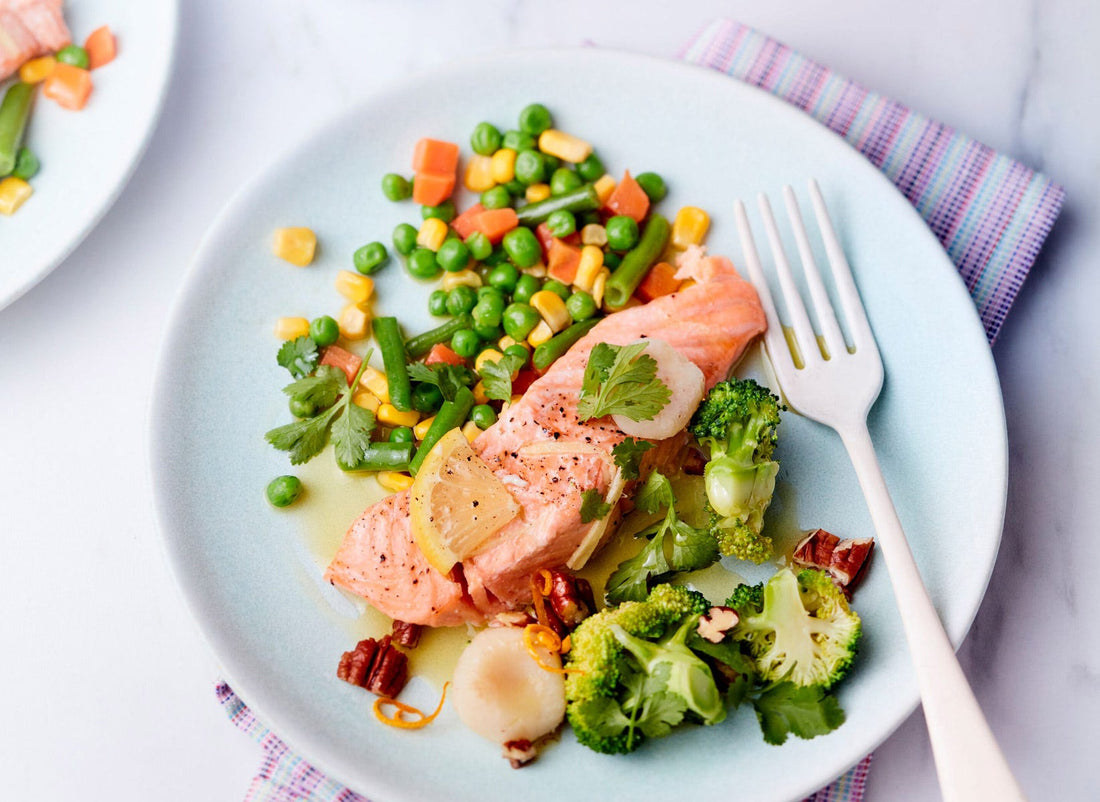 Veggie Succotash Salmon in White Wine and Broccoli with Pecans