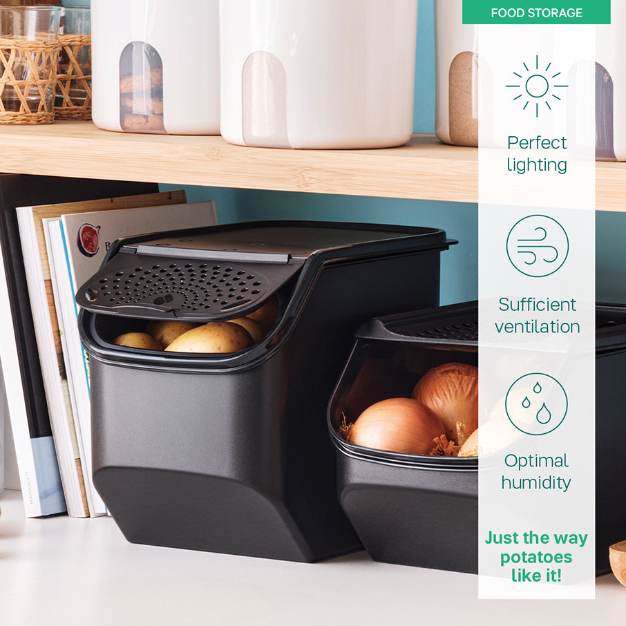 Tupperware Potato Smart Container and Onion Garlic Smart Keeper Combo Bins  Black NEW Set Stay fresh longer Controlled air